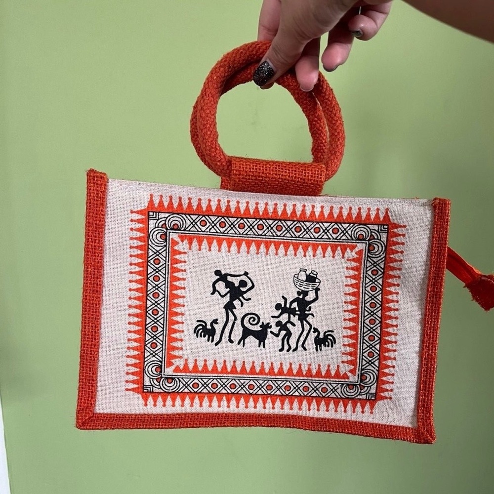 Orange retro tribal jute short handle bag